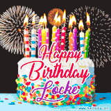 A lively happy birthday animated GIF showcasing a colorful birthday cake covered in sprinkles, topped with glowing candles, and surrounded by vibrant fireworks. The name 'Locke' is featured in elegant script.