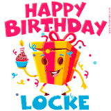 A funny animated birthday GIF with the words 'Happy Birthday Lockea', colorful gift box with arms and legs, holding a cupcake with a lit candle  with confetti everywhere.