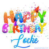 Animated GIF with colorful, festive 'Happy Birthday Locke' text decorated with patterns, a party hat, and falling confetti. A vibrant and cheerful design for birthday celebrations.
