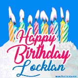 A cheerful animated GIF featuring colorful lit birthday candles on a white cake, with the text 'Happy Birthday Locklan' in bold red and blue script on a bright blue background.