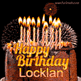 A rich chocolate cake topped with glowing birthday candles and surrounded by bright fireworks. The animated GIF displays the message 'Happy Birthday Locklan' in golden text.