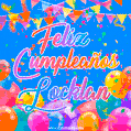 A vibrant animated GIF with 'Feliz Cumpleaños Locklan' written in colorful script, surrounded by balloons, confetti, and bunting on a bright blue background.