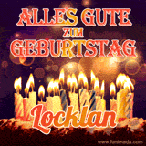 An animated GIF featuring 'Alles Gute Zum Geburtstag Locklan' in glowing red and gold letters above a cake with colorful lit candles, set against a festive sparkling background.