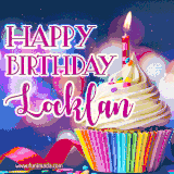 A festive animated GIF featuring a colorful cupcake with a single lit candle, sprinkles, and 'Happy Birthday Locklan' text against a sparkling, celebratory background.