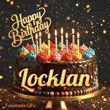 Happy Birthday Locklan animated GIF displaying a chocolate drip cake decorated with multicolored icing and lit candles.