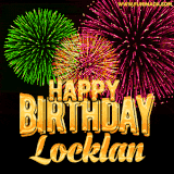 A captivating GIF with bursts of green, pink, and orange fireworks lighting up the night sky, accompanied by 'Happy Birthday Locklan' in glowing golden text.