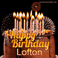 A rich chocolate cake topped with glowing birthday candles and surrounded by bright fireworks. The animated GIF displays the message 'Happy Birthday Lofton' in golden text.