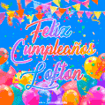 A vibrant animated GIF with 'Feliz Cumpleaños Lofton' written in colorful script, surrounded by balloons, confetti, and bunting on a bright blue background.