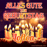 An animated GIF featuring 'Alles Gute Zum Geburtstag Lofton' in glowing red and gold letters above a cake with colorful lit candles, set against a festive sparkling background.