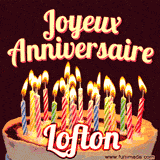 A Happy Birthday GIF in French featuring a festive birthday cake adorned with bright candles and the glowing text 'Joyeux Anniversaire Lofton' in a cheerful style.