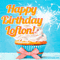 A cheerful animated GIF of a cupcake with creamy frosting, a red checkered ribbon, and a bright sparkler on top. The text 'Happy Birthday Lofton!' is displayed in vibrant orange and red.