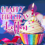 A festive animated GIF featuring a colorful cupcake with a single lit candle, sprinkles, and 'Happy Birthday Lofton' text against a sparkling, celebratory background.