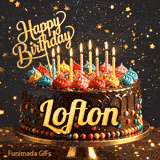 A rich chocolate frosted cake on a gold stand with glowing yellow candles, personalized with the name Lofton.