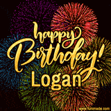 A vibrant display of multicolor fireworks with the text 'Happy Birthday Logan' written in gold, glowing beautifully in front of the explosive background.
