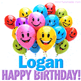 An animated birthday-themed name GIF with colorful smiling balloons and bold 'Logan, Happy Birthday!' text for a celebratory touch.