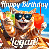 A cheerful cat wearing sunglasses, enjoying drinks on a sunny beach chair, with the text 'Happy Birthday Logan!' in bright letters.