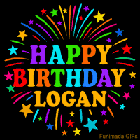 Vibrant animated GIF with 'Happy Birthday Logan' in rainbow-colored text, surrounded by colorful stars and fireworks on a black background.