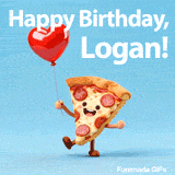 Happy Birthday Logan GIF featuring a cheerful dancing pizza with a smiley face