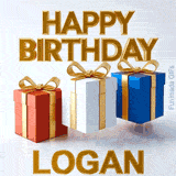 Bright and fun Happy Birthday Logan GIF featuring three lively jumping gift boxes tied with shiny golden bows on a light background