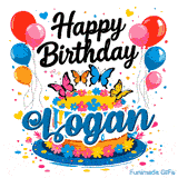 An animated birthday cake for Logan decorated with colorful flowers, balloons, and four detailed butterflies on a white background.