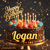 Glittery dark background with golden stars behind a chocolate birthday cake with the name Logan written on the front.