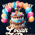 Hand-drawn happy birthday cake adorned with an arch of colorful balloons - name GIF for Logan