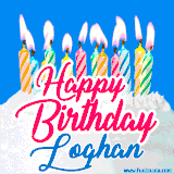 A cheerful animated GIF featuring colorful lit birthday candles on a white cake, with the text 'Happy Birthday Loghan' in bold red and blue script on a bright blue background.