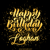 Animated GIF with colorful, festive 'Happy Birthday Loghan' text decorated with patterns, a party hat, and falling confetti. A vibrant and cheerful design for birthday celebrations.