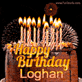 A rich chocolate cake topped with glowing birthday candles and surrounded by bright fireworks. The animated GIF displays the message 'Happy Birthday Loghan' in golden text.