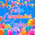 A vibrant animated GIF with 'Feliz Cumpleaños Loghan' written in colorful script, surrounded by balloons, confetti, and bunting on a bright blue background.