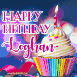 A festive animated GIF featuring a colorful cupcake with a single lit candle, sprinkles, and 'Happy Birthday Loghan' text against a sparkling, celebratory background.