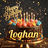 Flickering candles of different colors on top of a chocolate glaze cake with Loghan's name in elegant writing.