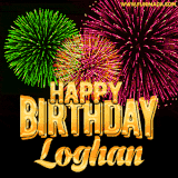 A captivating GIF with bursts of green, pink, and orange fireworks lighting up the night sky, accompanied by 'Happy Birthday Loghan' in glowing golden text.