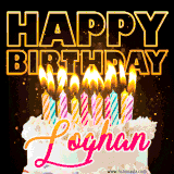 A vibrant animated GIF featuring a delicious birthday cake topped with glowing candles and the name 'Loghan' in elegant script, and the words 'Happy Birthday' on the black background.