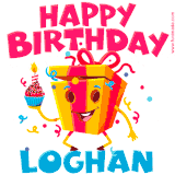 A funny animated birthday GIF with the words 'Happy Birthday Loghana', colorful gift box with arms and legs, holding a cupcake with a lit candle  with confetti everywhere.
