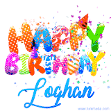 Animated GIF with colorful, festive 'Happy Birthday Loghan' text decorated with patterns, a party hat, and falling confetti. A vibrant and cheerful design for birthday celebrations.