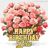 Golden 'Happy Birthday Lola' text beneath a vibrant bouquet of orange roses, complete with glittering butterflies and sparkling details.