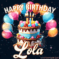 Hand-drawn happy birthday cake adorned with an arch of colorful balloons - name GIF for Lola