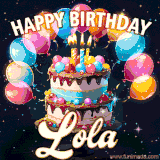Bright birthday animation for Lola with a chocolate cake, candles, balloons, and glowing celebratory lights.