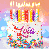 A cheerful white birthday cake with multicolor sprinkles, lit candles, and 'Lola' written in vibrant letters, in an animated GIF.