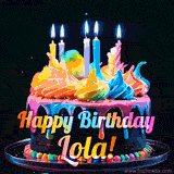 A mesmerizing animated cake with multicolor frosting and candles, and the words 'Happy Birthday Lola' on the black background.