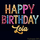 Vibrant luxury birthday greeting card for Lola, showing glittering gemstone letters and golden calligraphy on a dark background with twinkling shine effects.