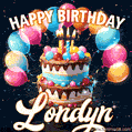 Hand-drawn happy birthday cake adorned with an arch of colorful balloons - name GIF for Londyn
