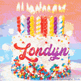 Personalized for Londyn elegant birthday cake adorned with rainbow sprinkles, colorful candles and glitter