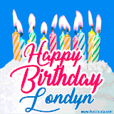 A cheerful animated GIF featuring colorful lit birthday candles on a white cake, with the text 'Happy Birthday Londyn' in bold red and blue script on a bright blue background.