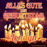 An animated GIF featuring 'Alles Gute Zum Geburtstag Londyn' in glowing red and gold letters above a cake with colorful lit candles, set against a festive sparkling background.