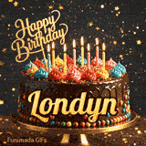 Shimmering birthday animation for Londyn featuring a delicious chocolate drip cake with glowing yellow candles.