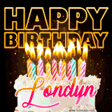 A vibrant animated GIF featuring a delicious birthday cake topped with glowing candles and the name 'Londyn' in elegant script, and the words 'Happy Birthday' on the black background.