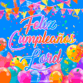 A vibrant animated GIF with 'Feliz Cumpleaños Lord' written in colorful script, surrounded by balloons, confetti, and bunting on a bright blue background.