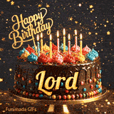 Yellow script spelling the name Lord on a classic chocolate cake with a dark glaze under warm candlelight.
